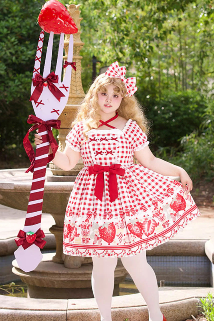 Red Short Sleeves Strawberry Plaid Print Bowknot Sweet Plus Size Princess Lolita Dress