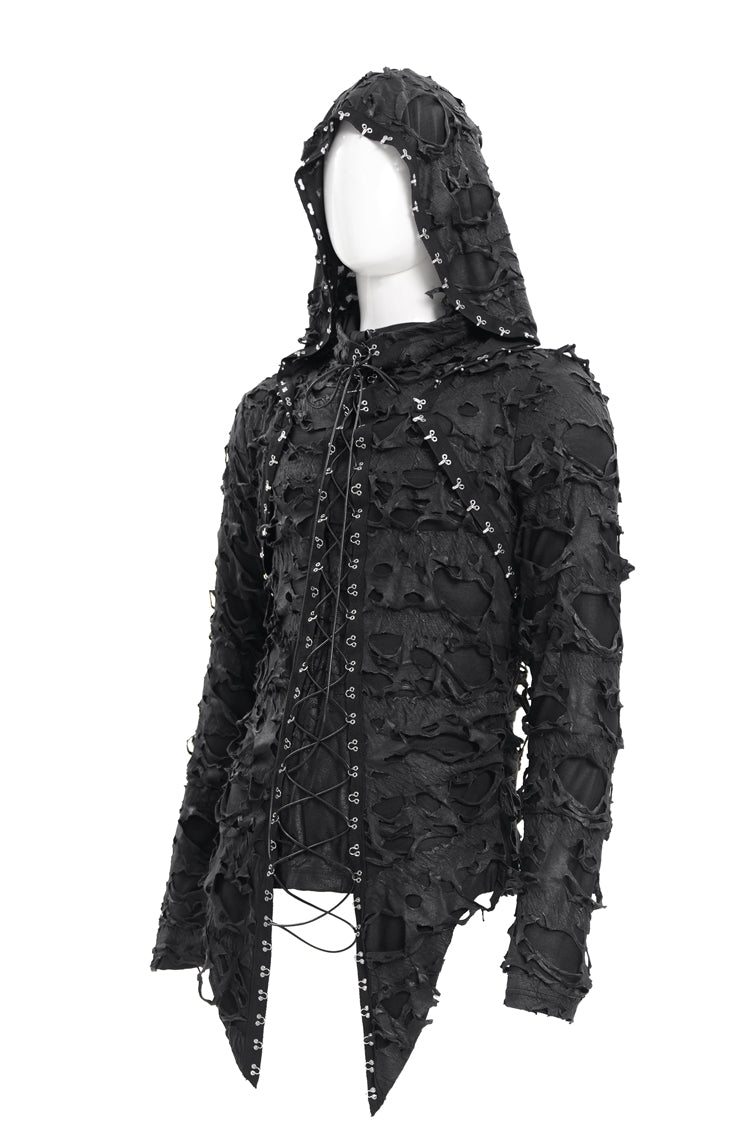 Black Studs Long Sleeves Lace-Up Ripped Men's Gothic Hooded Coat