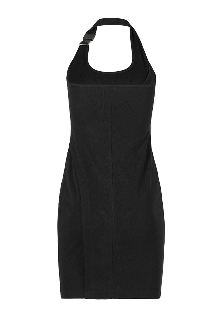 Black Adjustable Sexy Halter Sleeveless Personality Three-Dimensional Pleated Stretch Comfortable Women's Gothic Dress