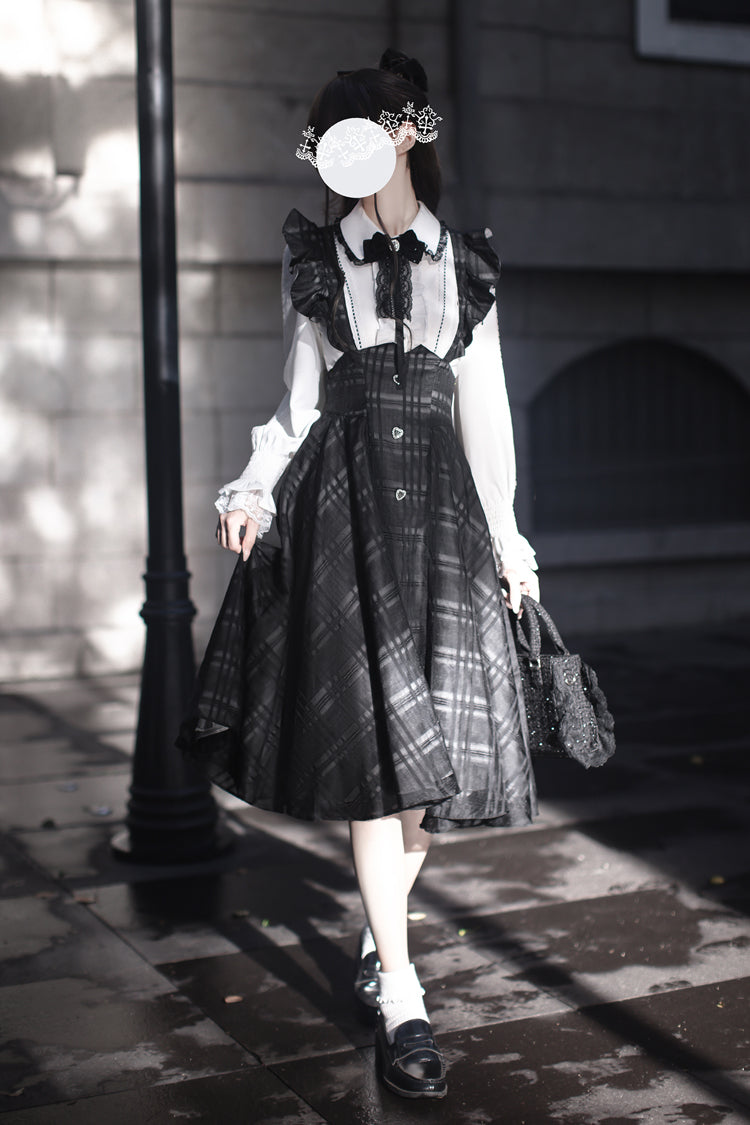 Black Plaid Print Classic College Style Elegant Lolita Strap Dress