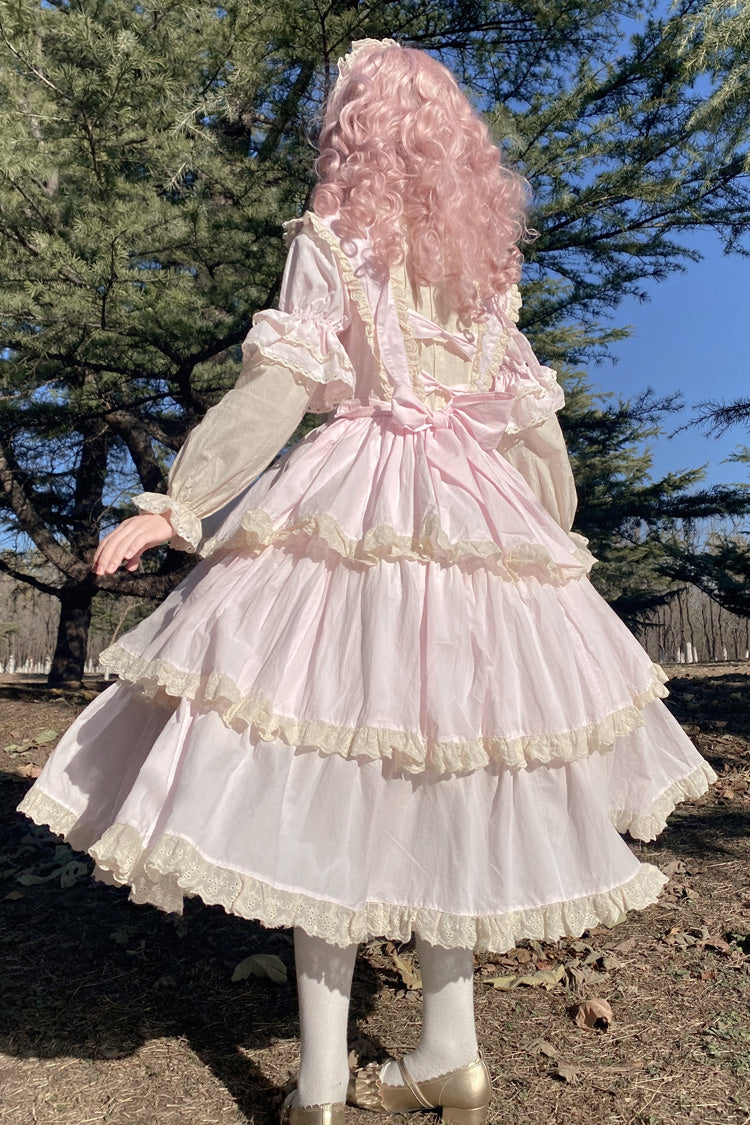 Pink Lapel Collar Long Sleeves High Waisted Multi-layer Bowknot Sweet Lolita Dress