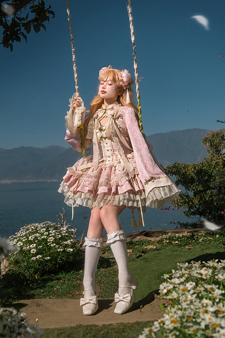 Rosa-weißes Pear Dream Mehrlagiges Rüschen-Spitzenkleid im chinesischen Prinzessinnen-Stil mit Lolita-JSK-Kleid