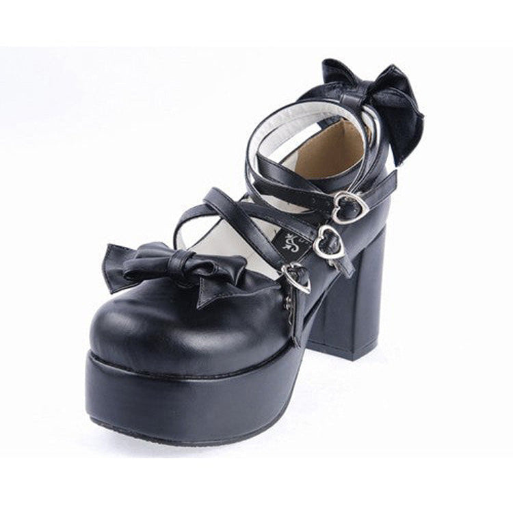 Black Synthetic Leather Cross Straps Bow Lolita Shoes
