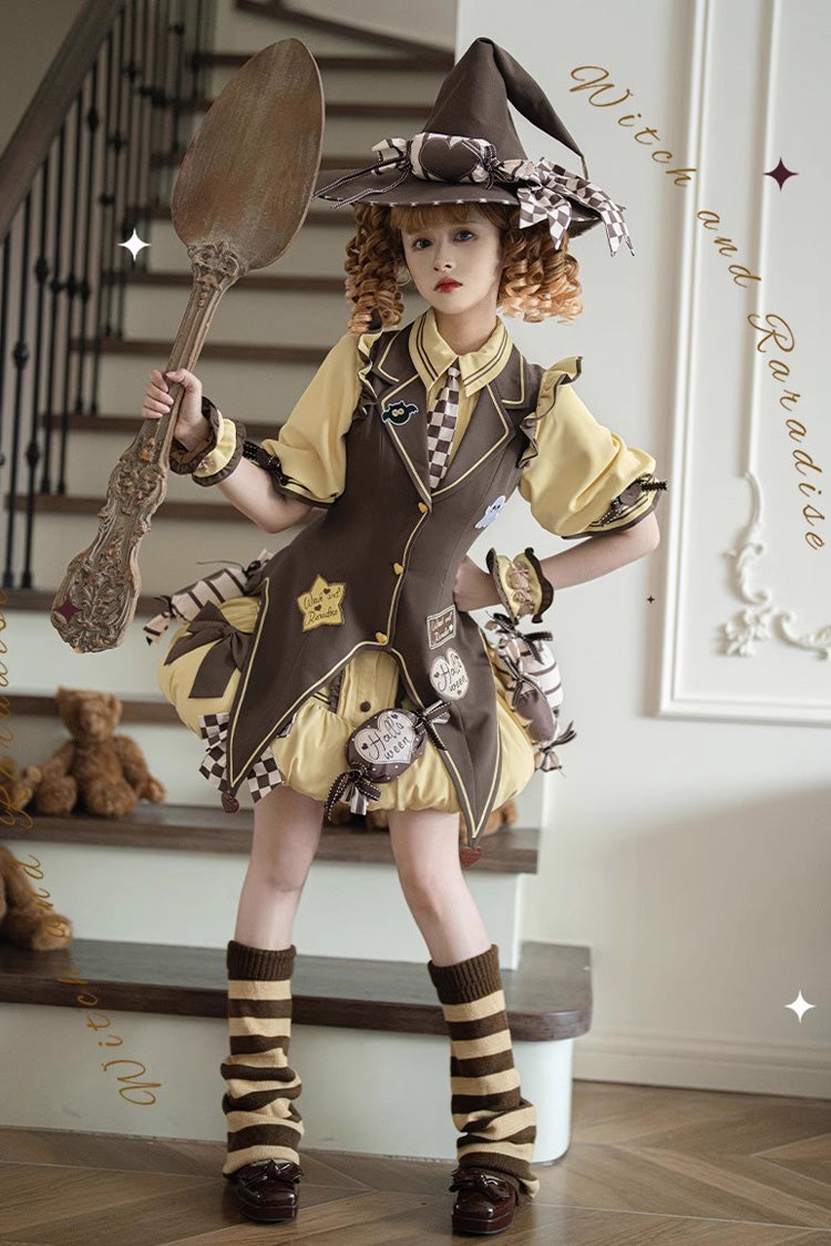 Brown/Yellow [Witch and Paradise] Short Sleeves Ruffle Bowknot Sweet Japanese Halloween Lolita Dress Vest Set