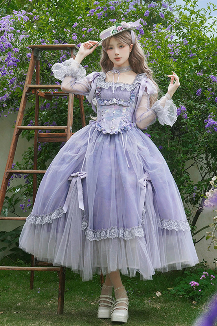 Robe Sweet Lolita en dentelle avec col carré violet, manches longues, volants, nœud papillon et arêtes de poisson 
