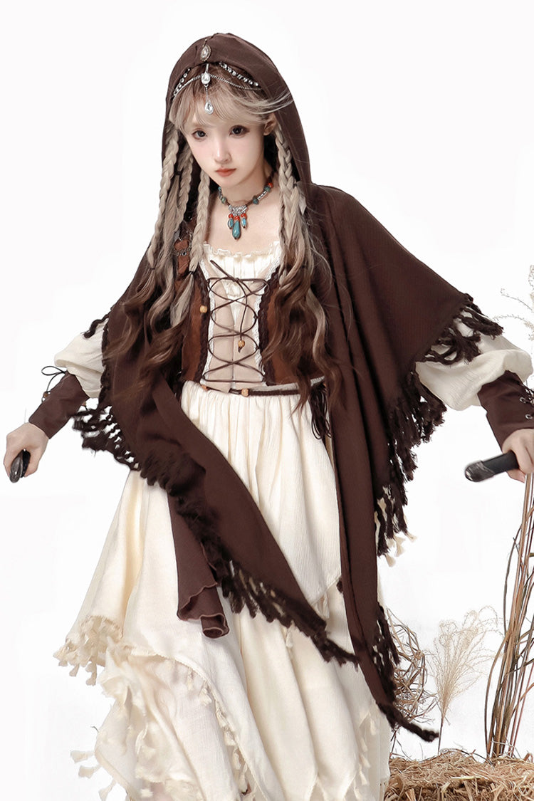 White/Brown Wandering Witch Cloak Long Sleeves Daily Irregular Lolita Dress