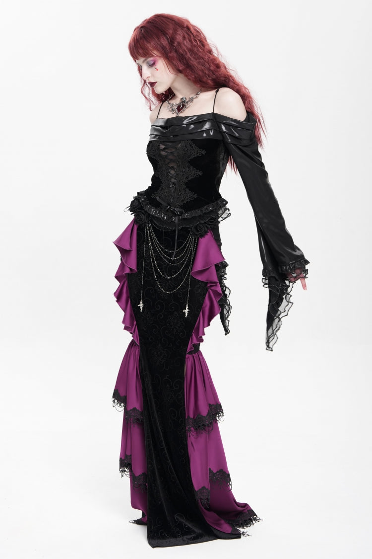 Purple Floral Print Lace-Up Rose Chain Women's Gothic Fishtail Skirt
