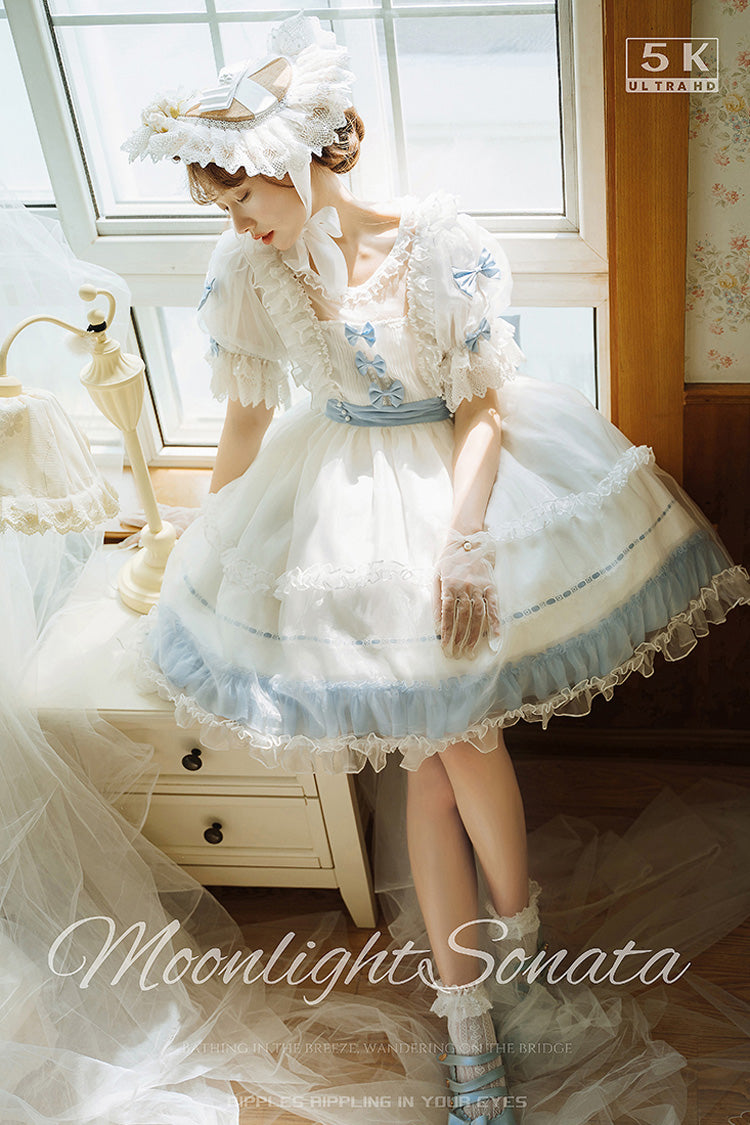 [Moonlight Sonata] Short Sleeves Ruffle Bowknot Lace Sweet Lolita Dress 4 Colors