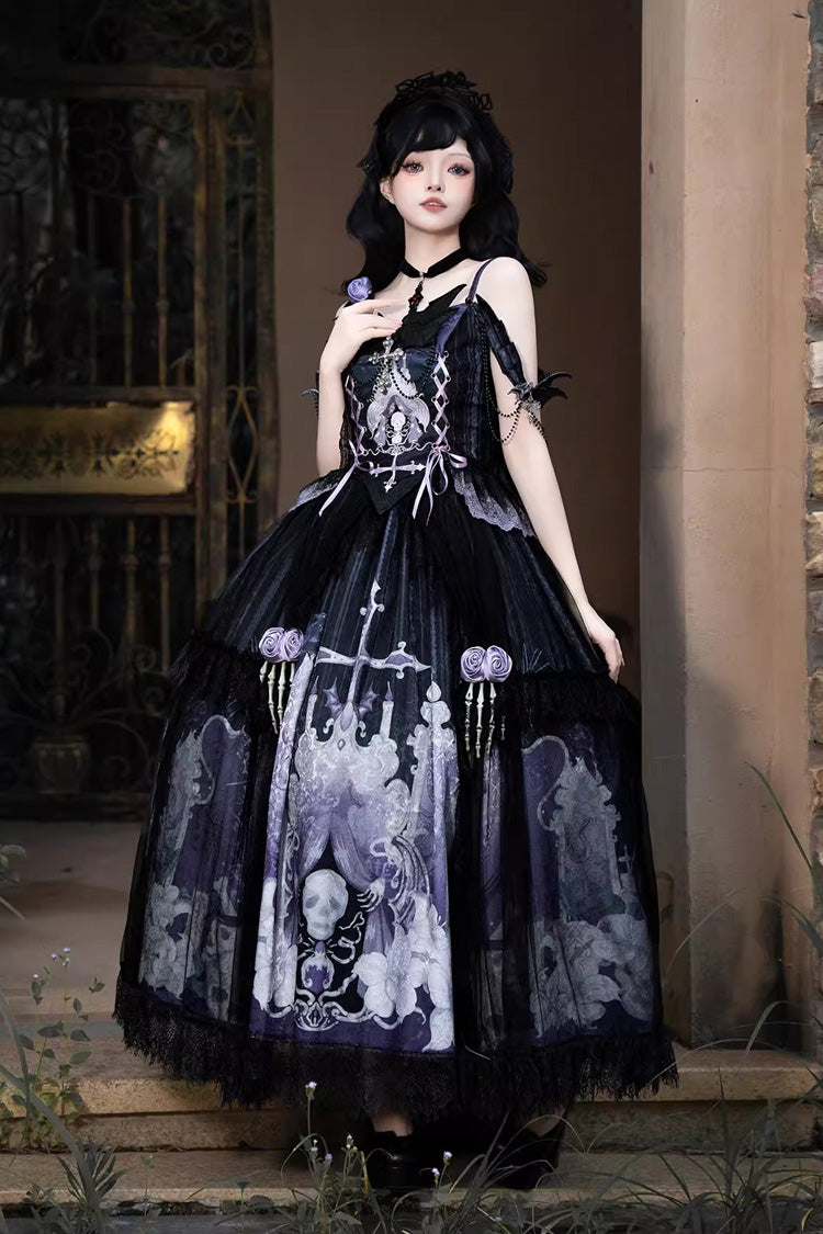 Black/Blue [Skull Magic] Print Ruffle Bowknot Gothic Elegant Lolita Skirt Two-Piece Set