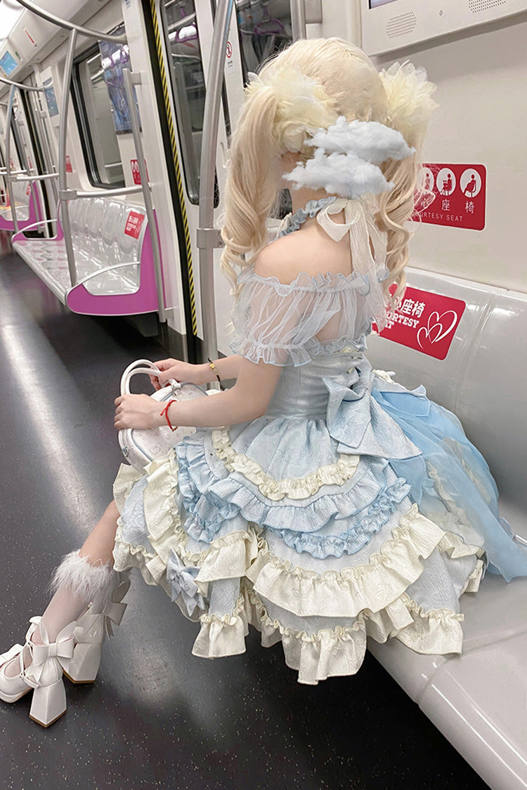 Blue [Heart of Butterfly] Halterneck Sleeveless Multi-Layered Ruffle Embroidery Princess Ballet Lolita Jsk Dress Set