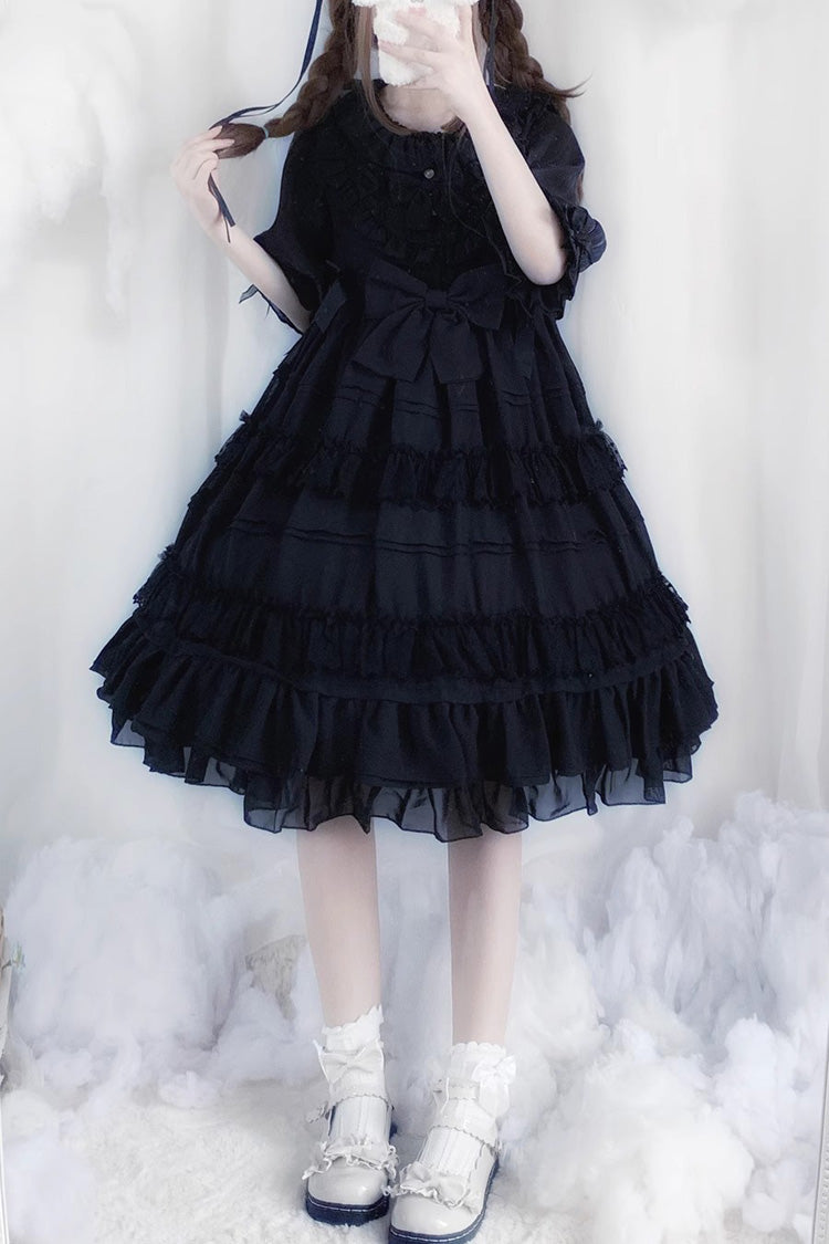 Black Lace Cool Angel Short Sleeves Bowknot Ruffle Gothic Lolita Dress