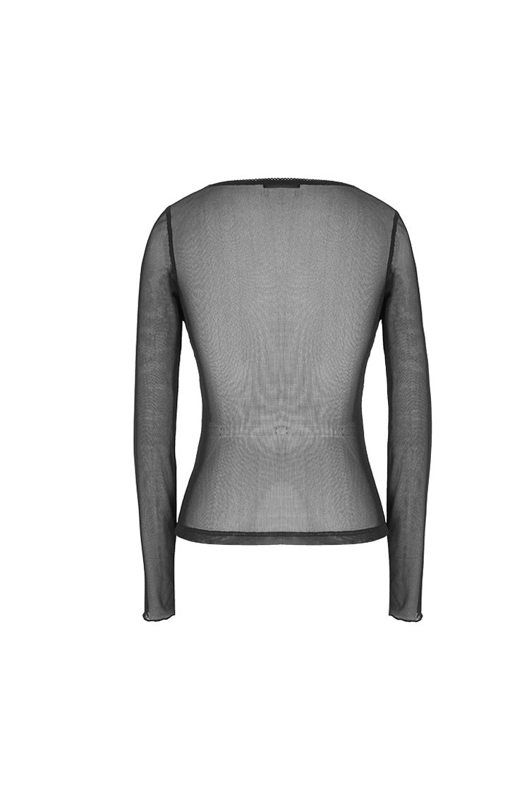 Black Flower Pattern False Girdle Mesh Long Sleeve Women's Gothic T-Shirt