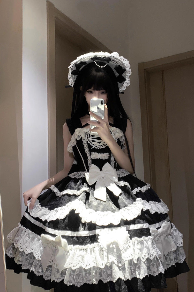 Noir/Blanc [Super Mignon Belia] Robe Lolita Jsk Élégante Gothique en Dentelle à Nœud Papillon à Volants à Trois Couches Sans Manches 