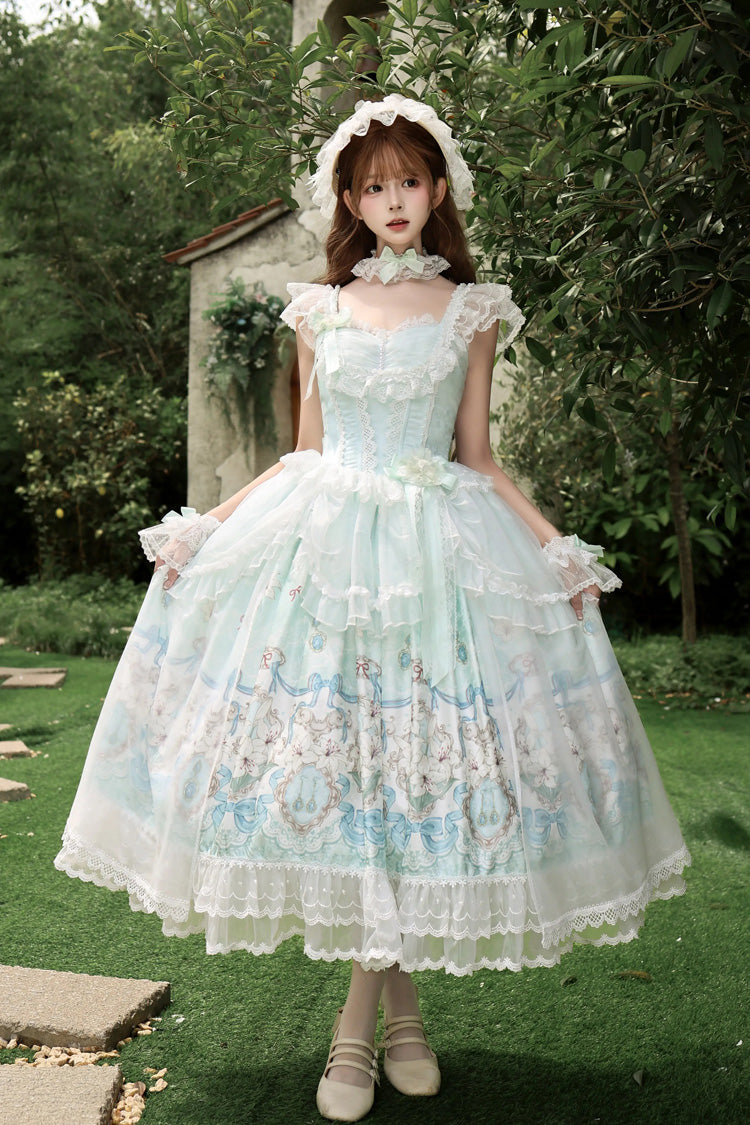 Green [Lily Tale] Square Collar Flutter Sleeves Printed Ruffled Bow Lace Sweet Elegant Luxurious Lolita Jsk Dress