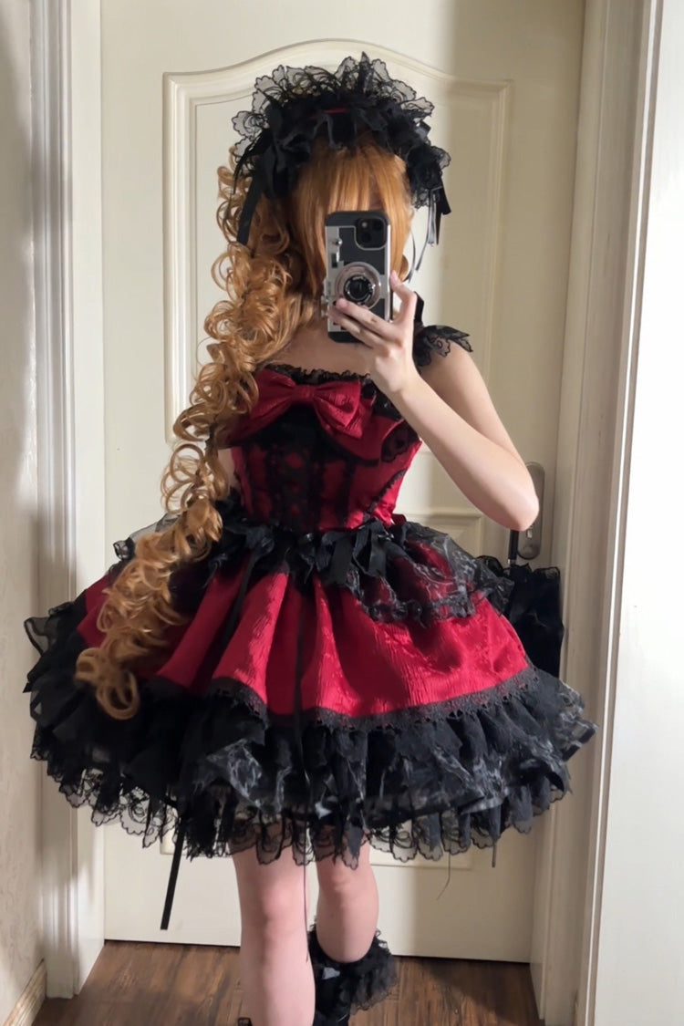 Red [Fleishi Island] Sleeveless Ruffle Bowknot Lace Slim Sweet Ballet Lolita Jsk Dress