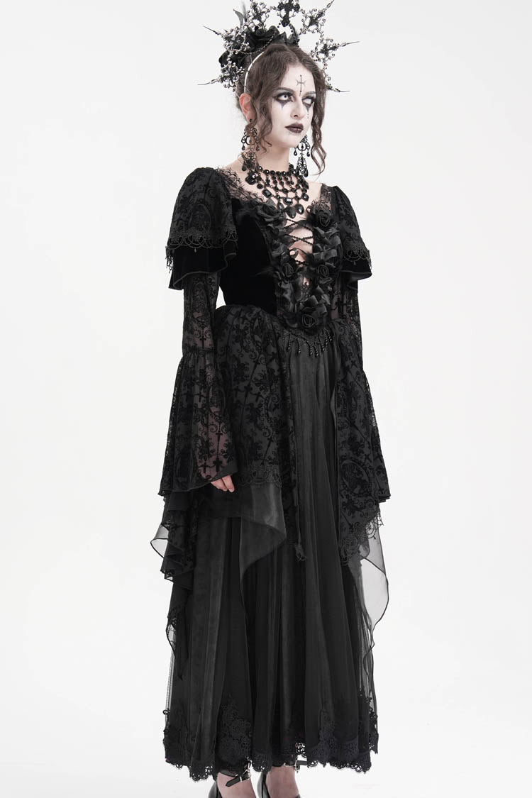 Schwarzes gehäkeltes Gothic-Kleid mit langen Ärmeln aus Hanayome-Spitze für Damen