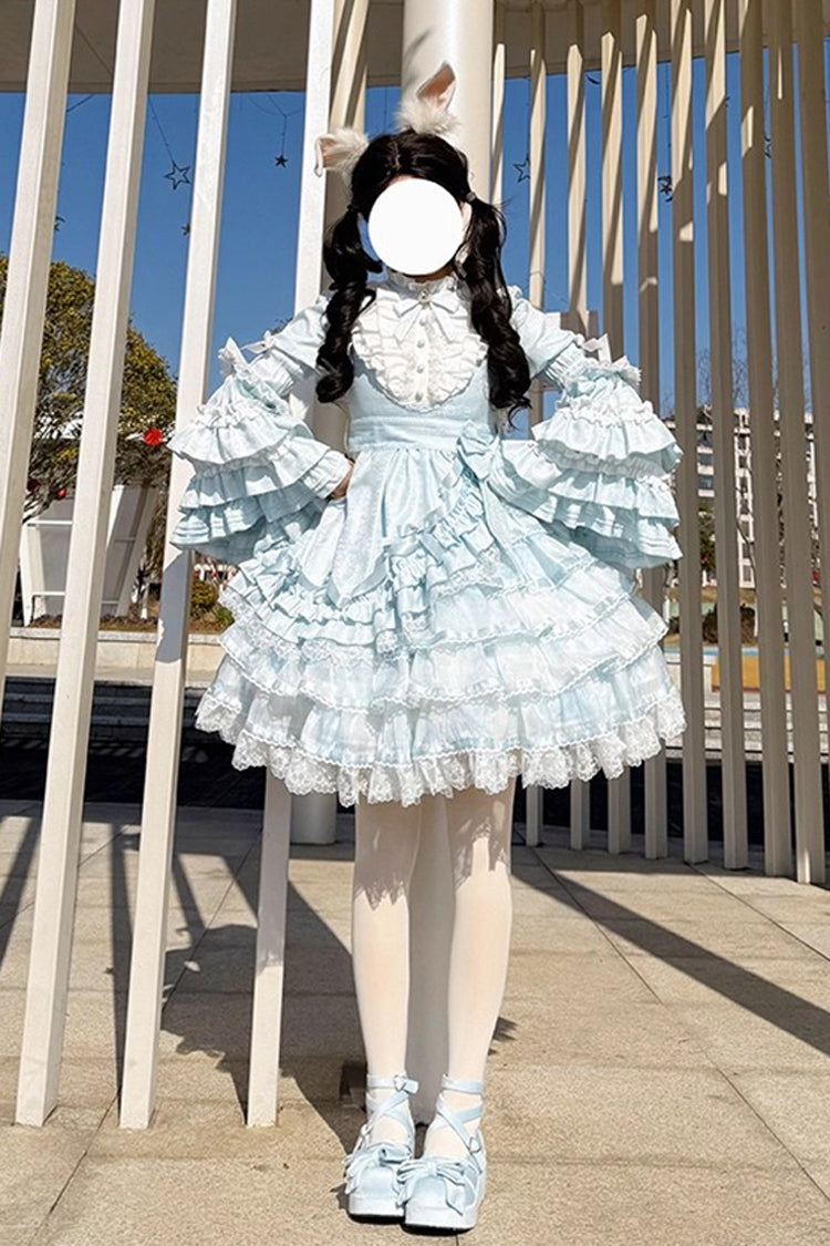 Blue [The Soloist Doll] Long Hime Sleeves Multi-Layered Print Ruffle Bowknot Asymmetric Sweet Lolita Dress
