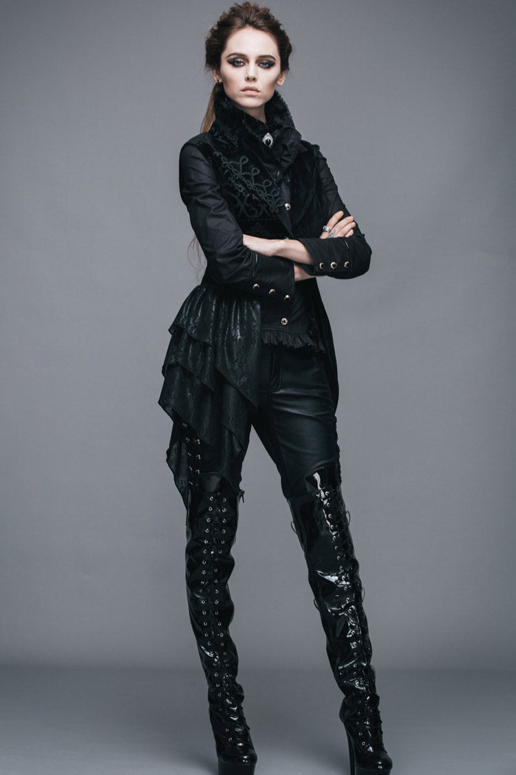 Black Spun Velvet Chinese Frog Button Floral Spiral Pattern Asymmetrical Hem Lace Up Women's Gothic Waistcoat