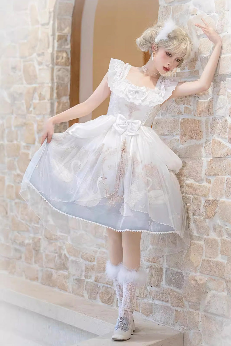 White/Blue [Flower and Letter] Swan Lake Print Ruffle Bowknot Elegant Lolita Jsk Dress