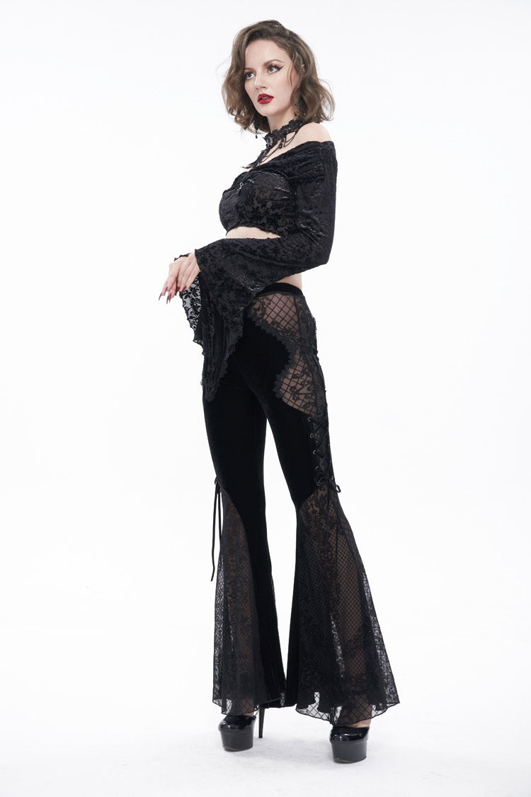ブラック半透明ベルベットジャカードセクシーパネルレースアップチェック柄フレアゴシック女性のパンツ