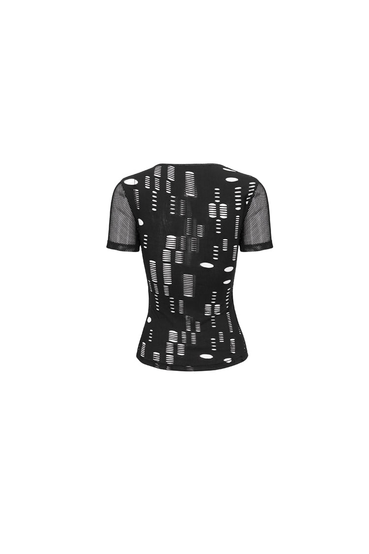 Black V Neck Stretch Destroyed Faux Leather Metal Ring Women's Punk T-Shirt