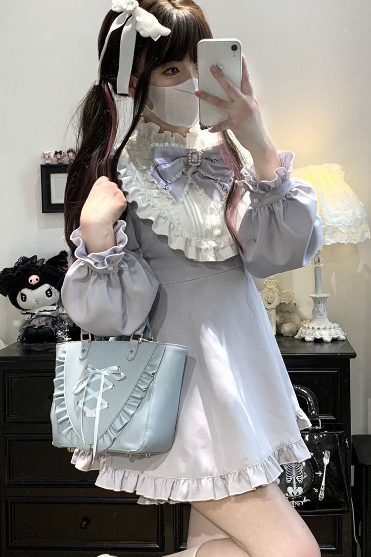 Light Blue [Rose Princess] Off Shoulder Long Sleeves Ruffle Bowknot Gothic Jirai Kei Dress