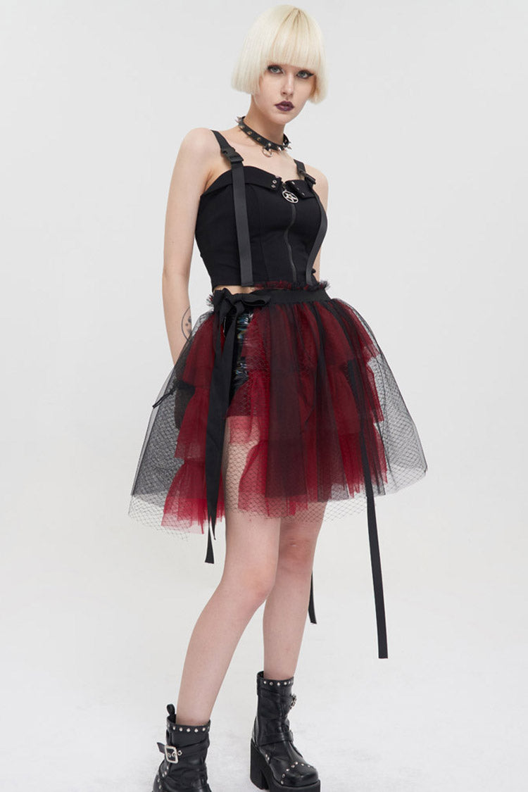 Black/Red Punk Mesh Ruffles Rock Women's Short Skirt