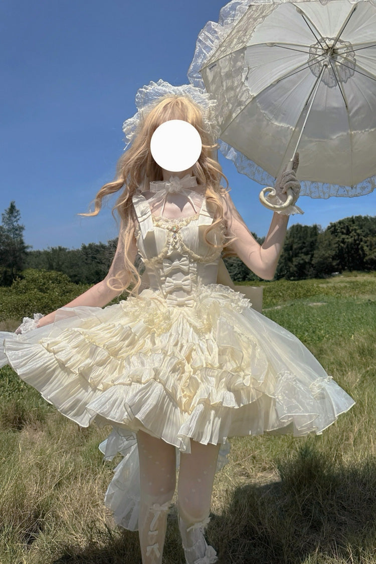 Abricot [Gâteau à la crème] Robe sans manches à volants multicouches avec nœud papillon doux princesse Lolita Jsk 