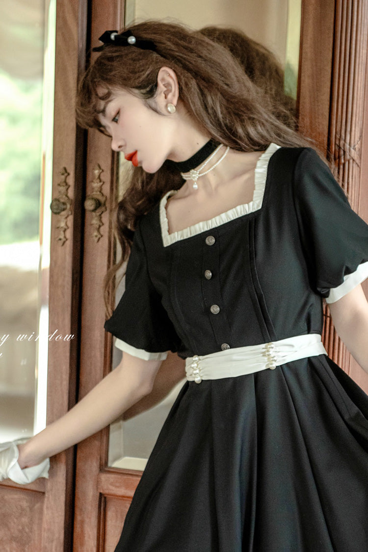 Black [Random Thoughts] Square Collar Short Sleeves Ruffle Classic Vintage Elegant Lolita Dress