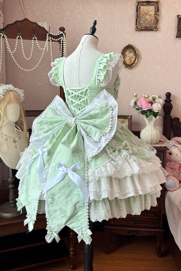 Green Sleeveless Triple-Layered Ruffle Embroidery Bowknot Lace-Up Pearl Sweet Plus Size Lolita Jsk Dress