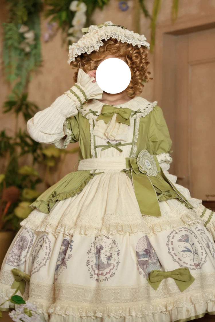 Green [Little Ida's Flowers] Short Sleeves Print Ruffle Bowknot Sweet Lolita Dress