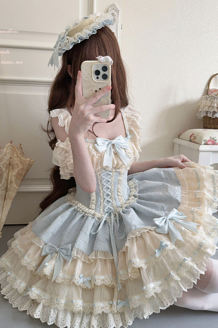 Robe Jsk Lolita Ballet Doux à Nœud Papillon en Dentelle à Lacets à Volants Double Couche [Flory Butterfly] Bleue 