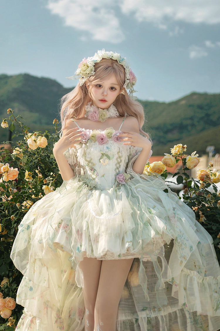 Green [Spring Rose] Sleeveless Multi-Layered Bowknot Lace-Up Fishbone Sweet Lolita Jsk Dress
