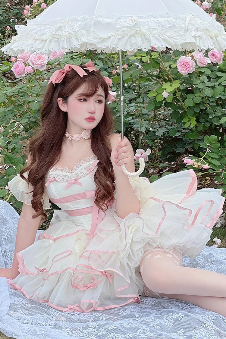 Pink/Beige Ballerina Style Bowknot Slim Fluffy Princess Sweet Lolita Tiered Dress