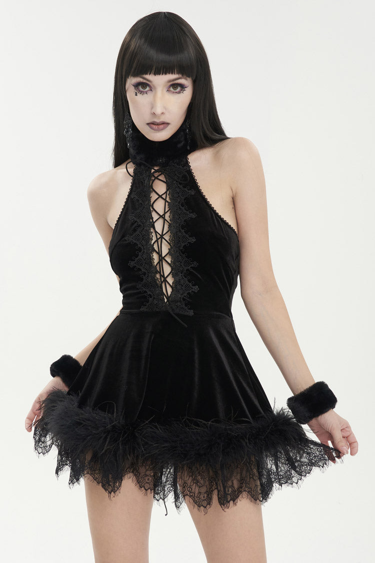 Black Halterneck Fluffy Splice Velvet Women's Gothic Dress