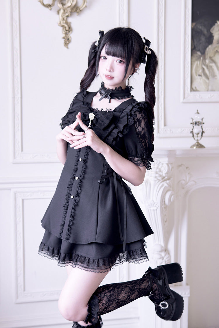 Black [Waltz] Short Sleeves Ruffle Bowknot Gothic Jirai Kei Japanese Dress Set