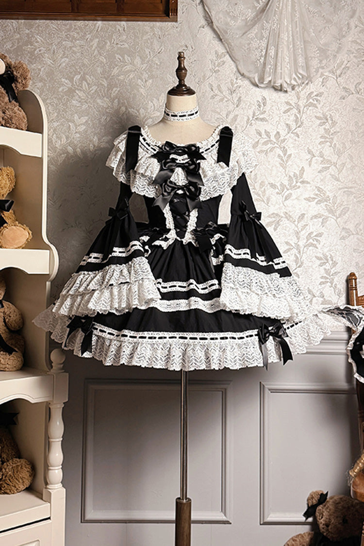 Black [Rabbit Sleeping Doll] Long Trumpet Sleeves Ruffle Bowknot Lace Sweet Lolita Dress