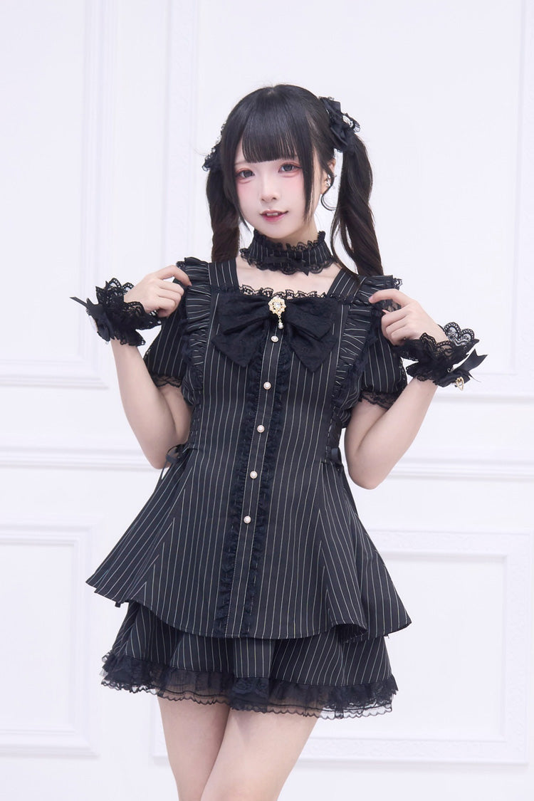 Black [Waltz] Short Sleeves Stripe Print Ruffle Bowknot Gothic Jirai Kei Japanese Dress Set
