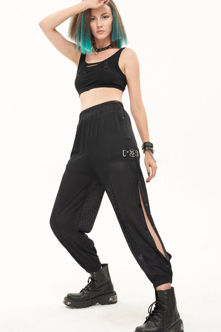 Schwarze Punk-Sport-Stil Metall Fünf-Sterne-Dekoration Hosenbein Knopf Abnehmbare Damen Lange Hose