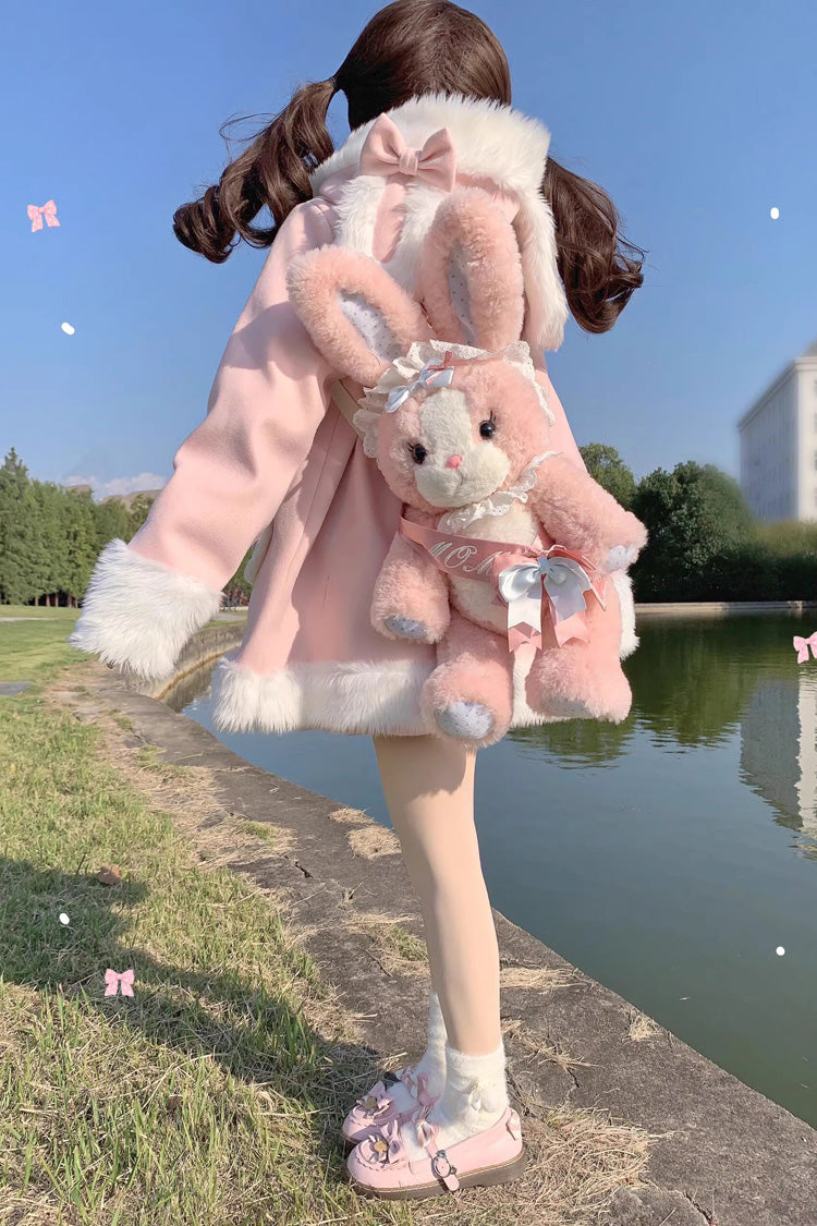 Pink Woolen Rabbit Ears Single-breasted Bowknot Sweet Princess Lolita Coat