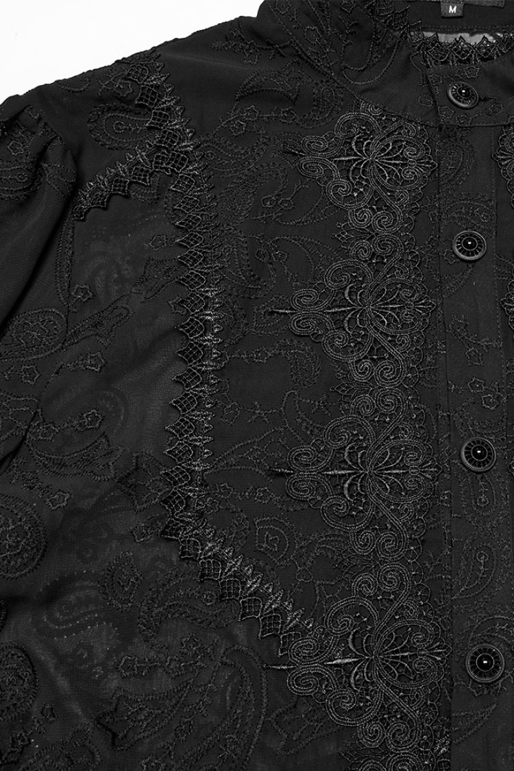 Schwarze Stehkragen Chiffon Langarm Hohles Stickerei Herren Gothic Bluse 