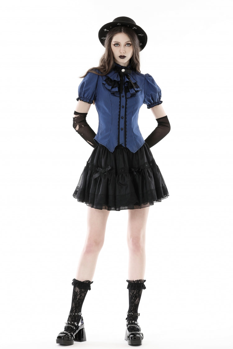 Blue/Black Striped Bow Ruffled Stand Collar Lace Jabot Short Puff Sleeves Front Button‑Up Women's Gothic Blouse