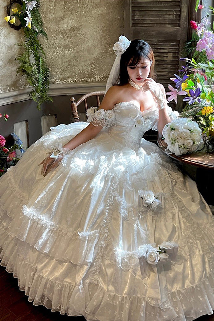 Blanc [Amour et Roses] Volants Hanayome Nœud Papillon Dentelle Douce Princesse Lolita Jsk Robe 