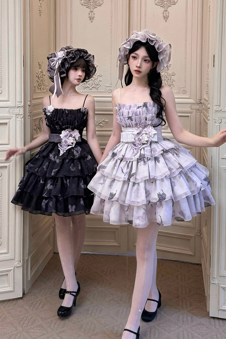 [Rêve de vitrail] Col carré sans manches taille haute multicouche imprimé nœud à volants robe gothique Lolita Jsk 2 couleurs (noir/violet, blanc/violet)