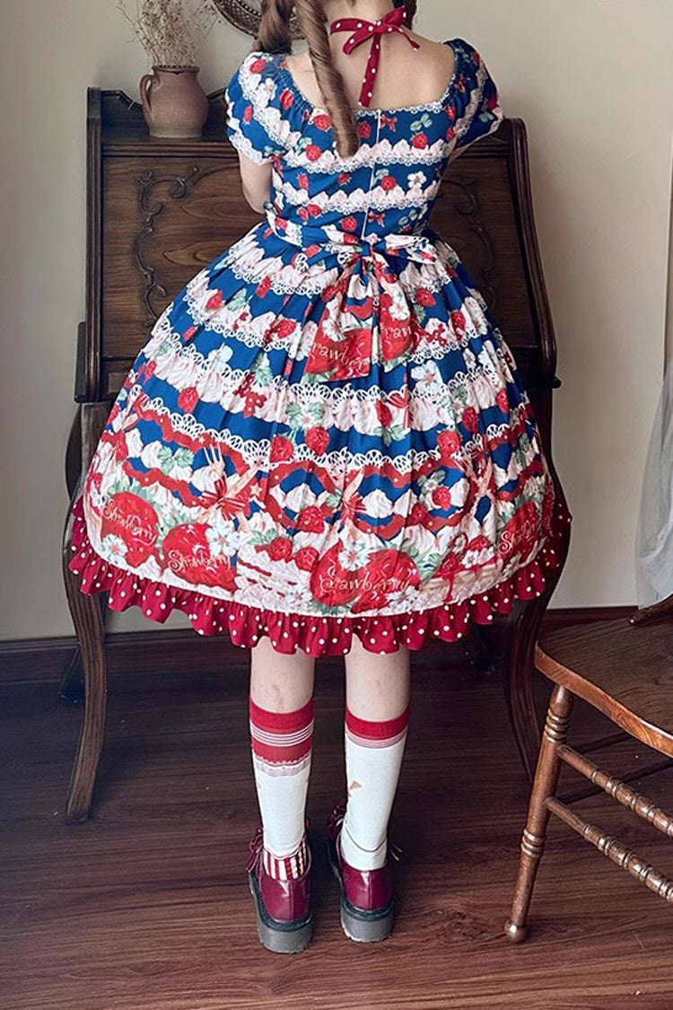 Cream Berry Fairy Red/Blue Short Sleeves Print Ruffle Bowknot Sweet Lolita Dress