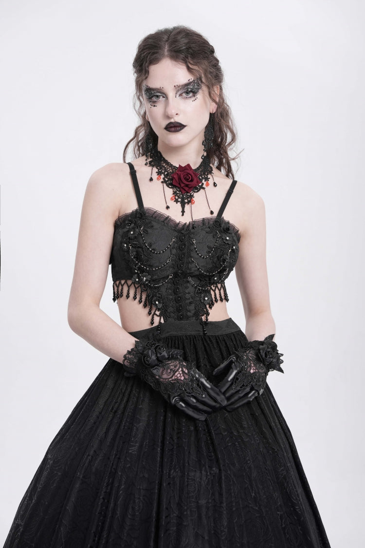 Black Jacquard Floral Embroidery Lace Ripped Women's Gothic Party Slip Dress