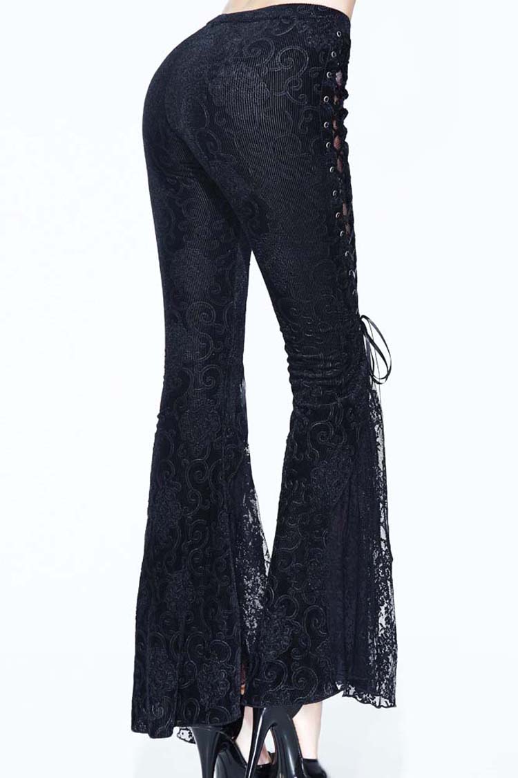 Black Palace Pattern Lace-Up Velveteen Lace Flared Women's Gothic Pants