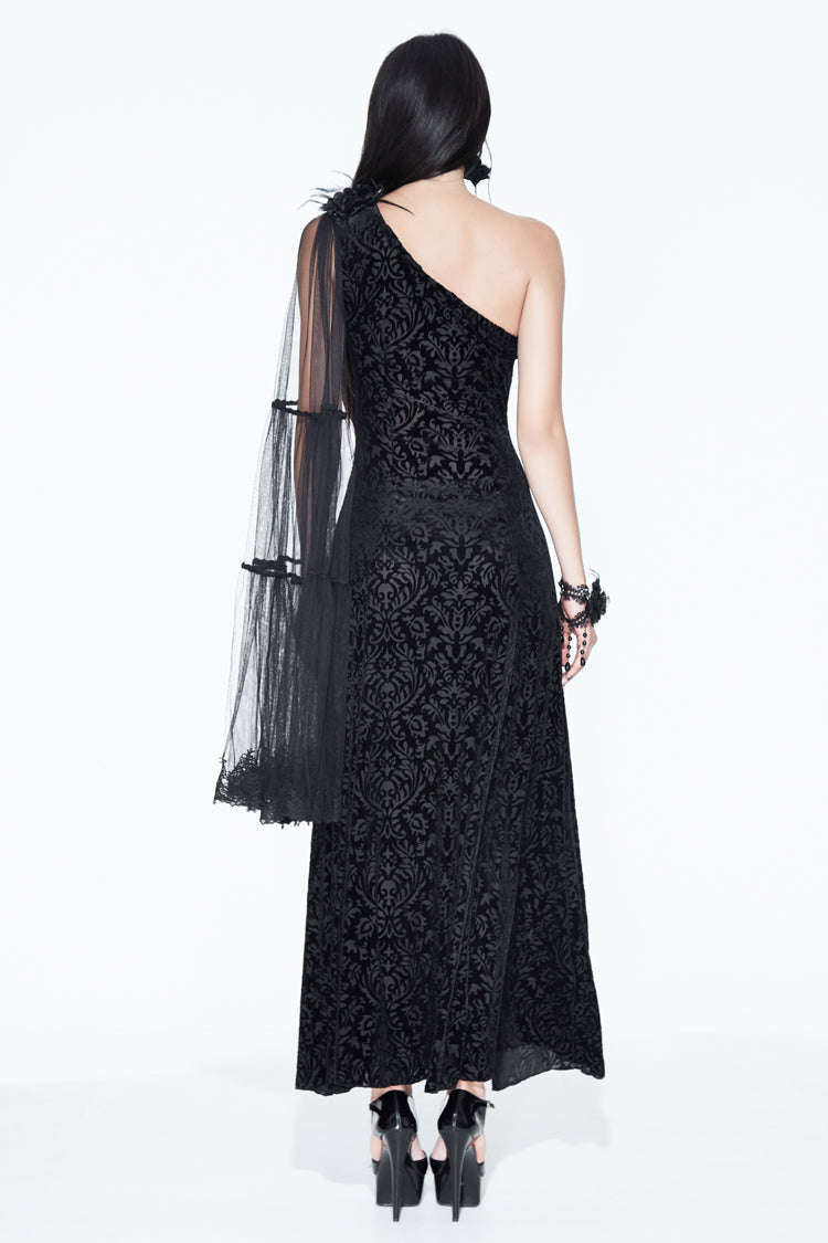 Black One Shoulder Mesh Shawl Feather Lace Decoration Velvet Long Women's Gothic Dress