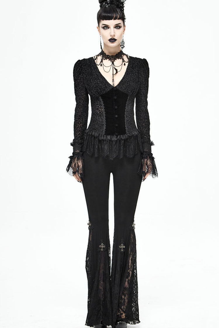 lack Gothic Beflockung V-Ausschnitt vorne Splice Samt Langarm Spitzensaum Damenbluse