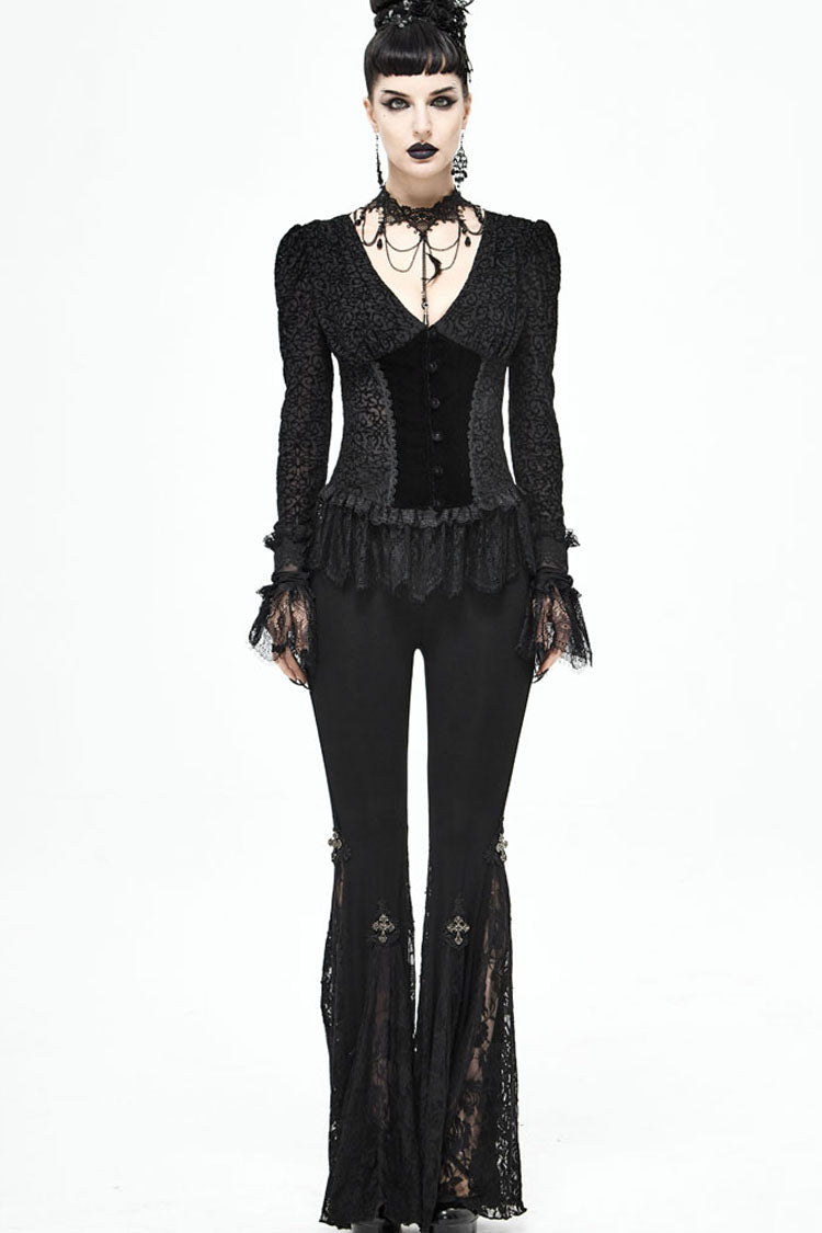lack Gothic Flocking V-Neck Front Splice Velvet Long Sleeve Lace Hem Women's Blouse